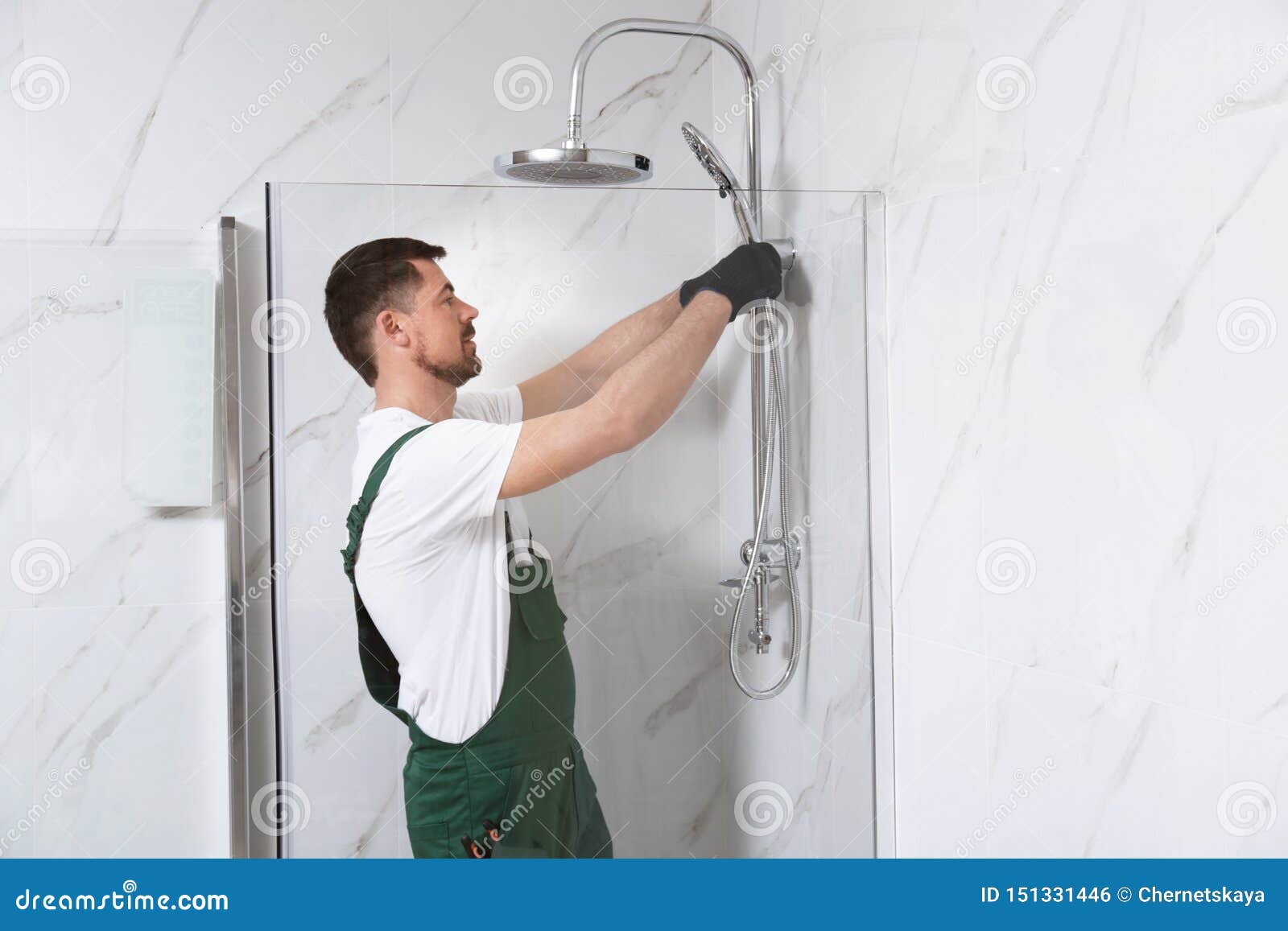 Professional Handyman Working in Shower Booth Stock Photo Image of background, installing