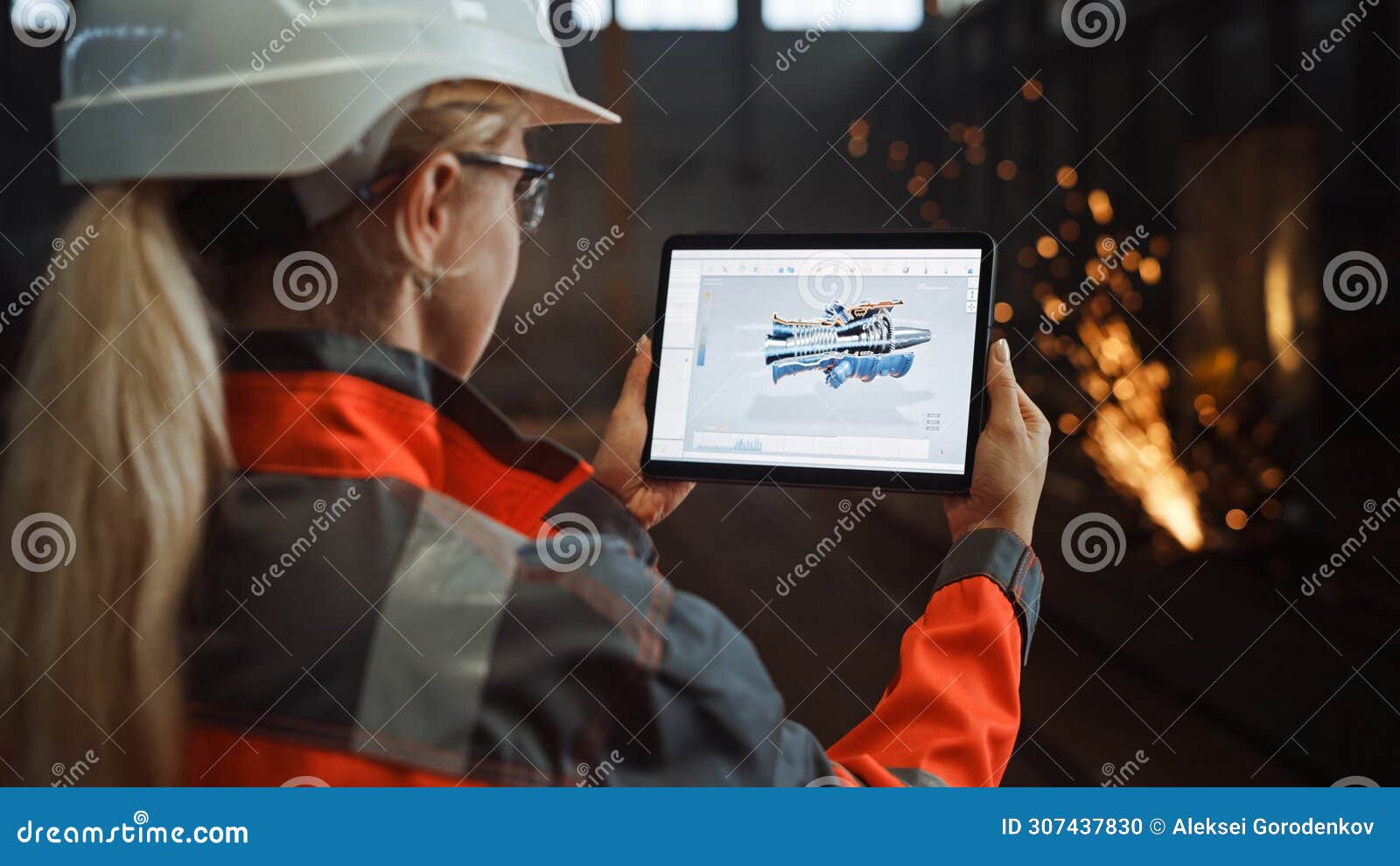 professional heavy industry engineer uses tablet computer for augmented reality render with intera