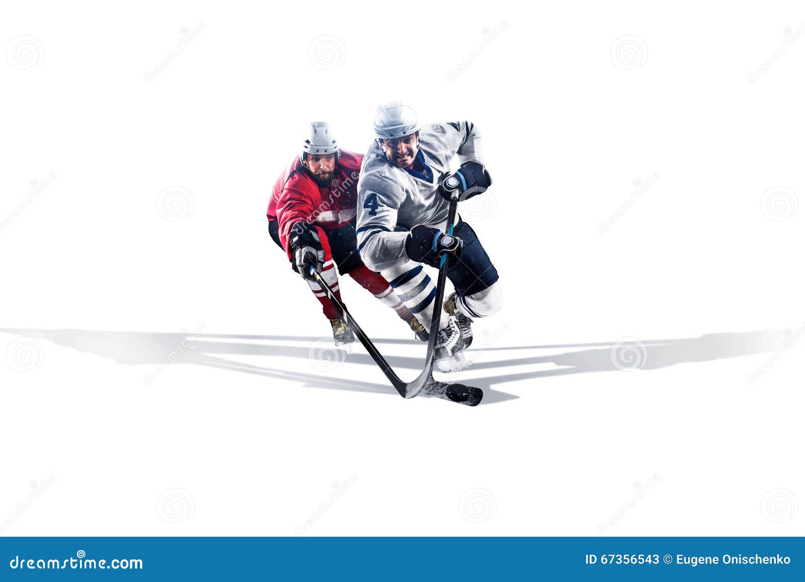 Professional Hockey Player Skating on Ice. Isolated in White Stock
