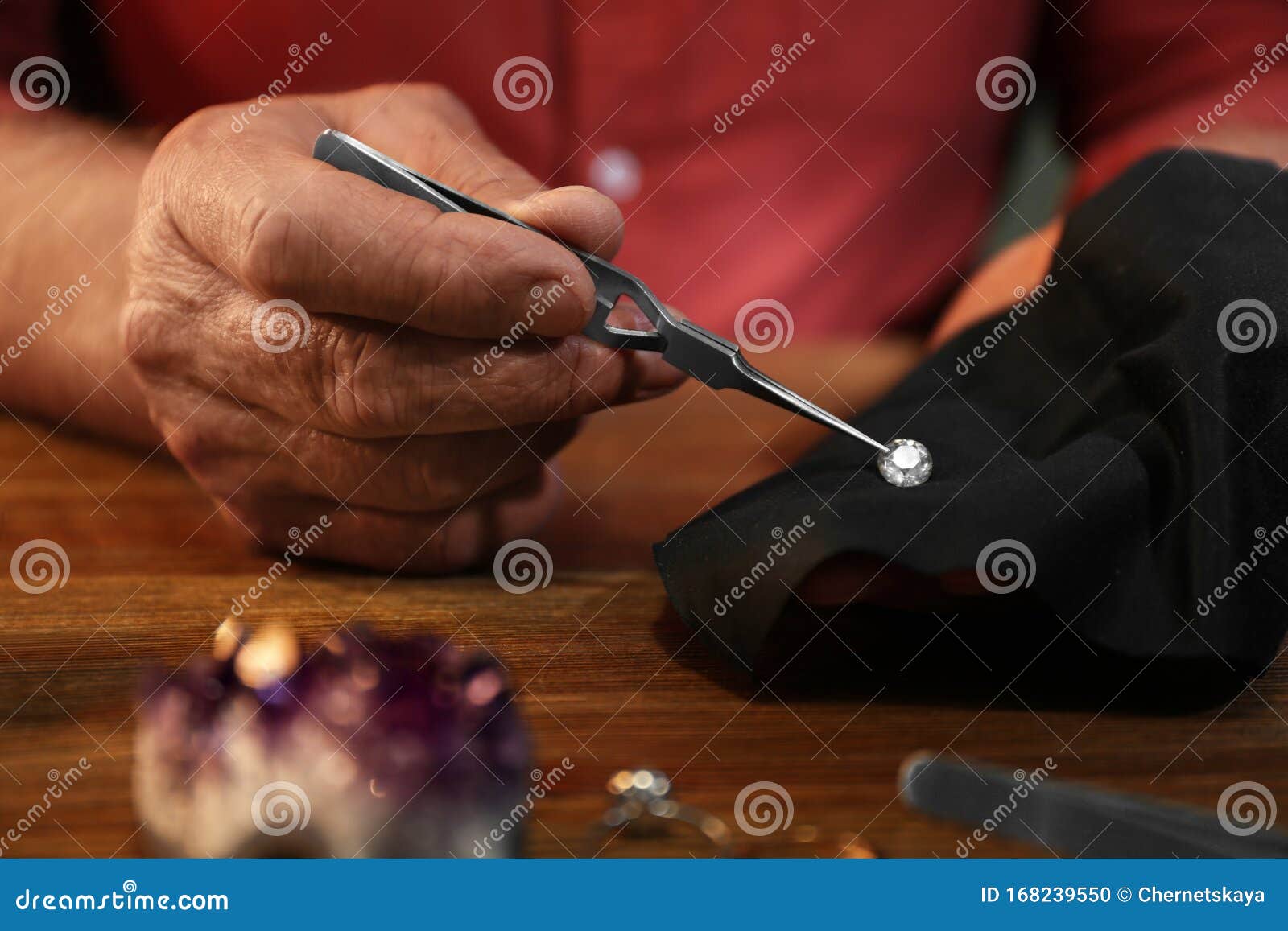 Professional Jeweler Working with Gemstone at Table, Closeup Stock Photo Image of