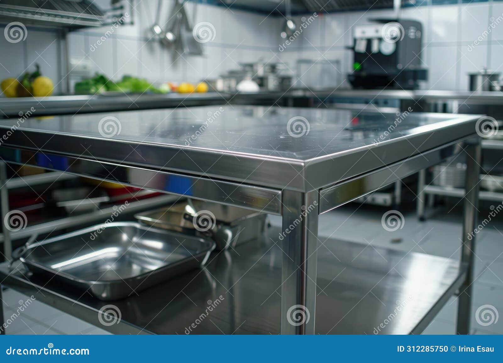 professional kitchen with metal table