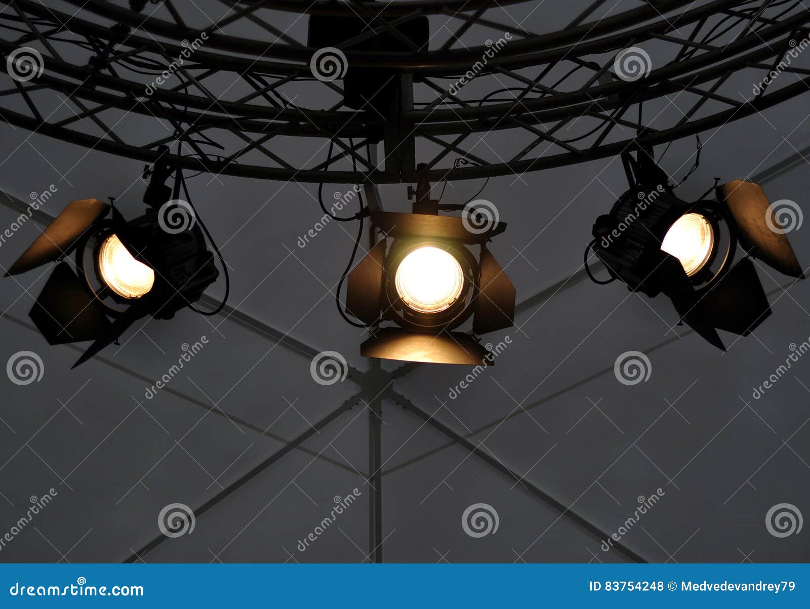 Professional Lighting Equipment Near Ceiling of Theater Stage. Stock