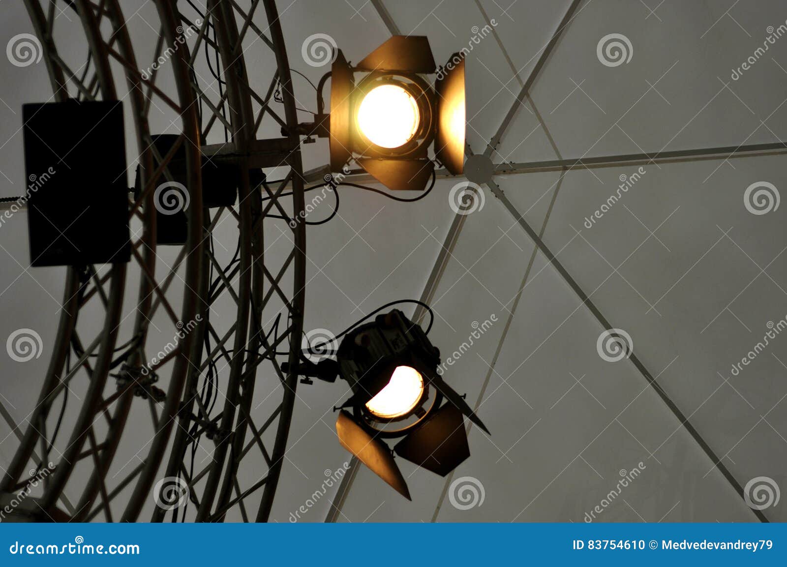 Professional Lighting Equipment Near Ceiling of Theater Stage. Stock Photo Image of