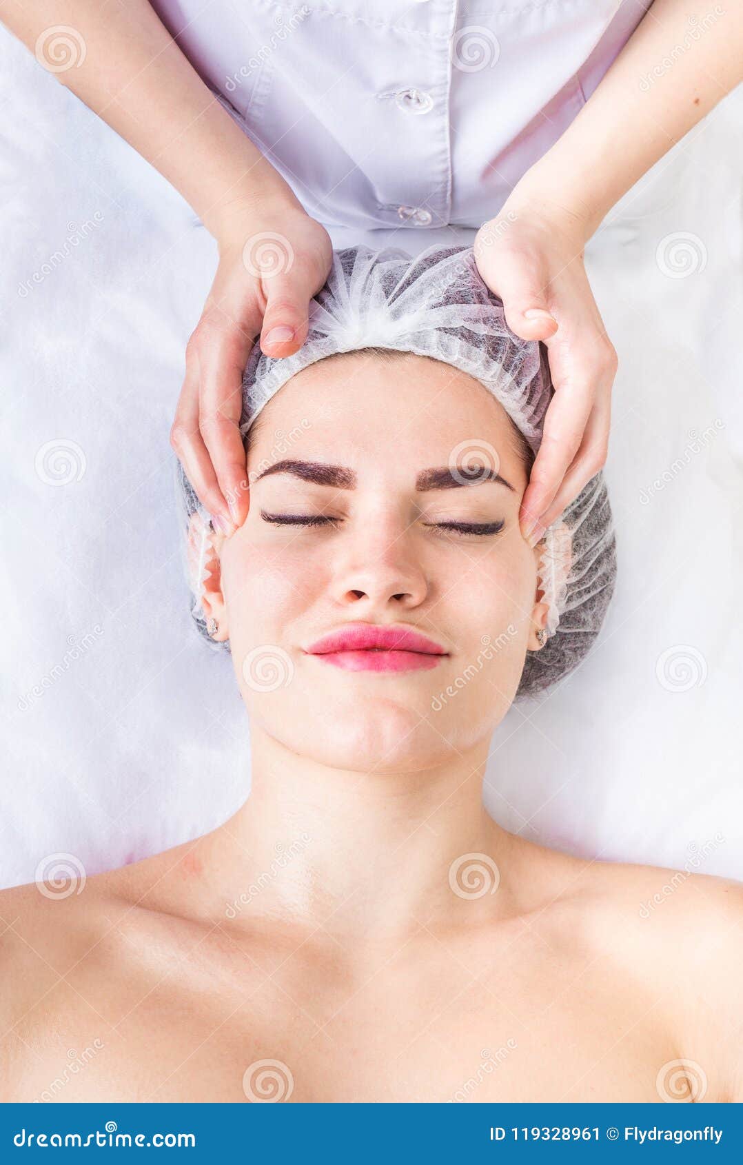 Professional Lymphodrainage Facial Massage The Cosmetologist Is Touching The Client`s Forehead