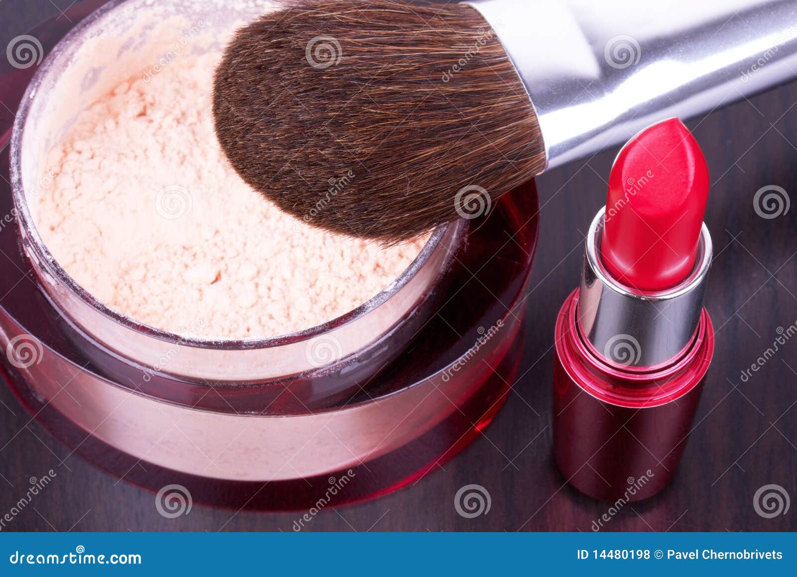 Professional Makeup Brush on Powder and Lipstick Stock Photo Image