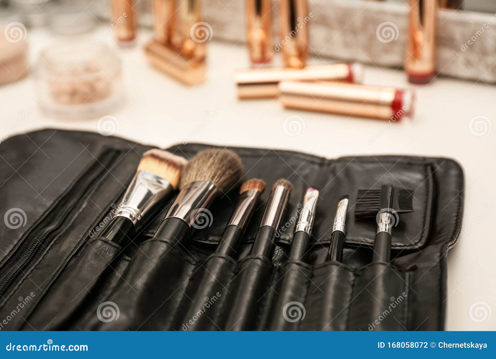 Professional Makeup Artists Workplace with Tools and Cosmetic Stock