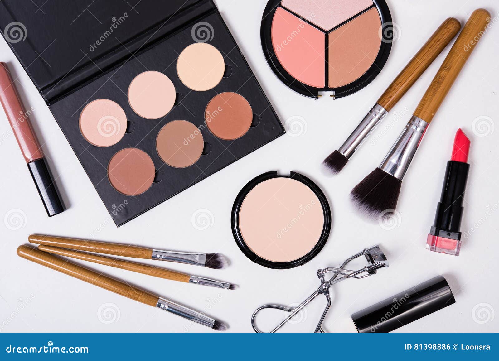 Professional Makeup Tools, Flatlay on White Background Stock Photo