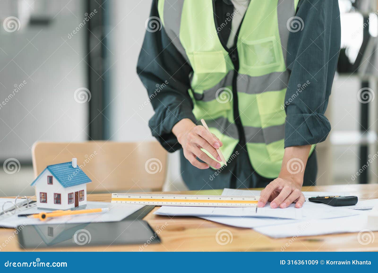 professional male construction engineer reviewing blueprints on worksite.