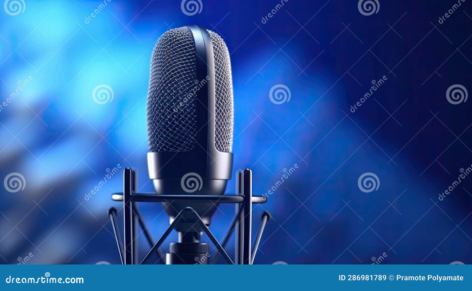 A Professional Microphone with Waveform on Blue Background. Podcast or
