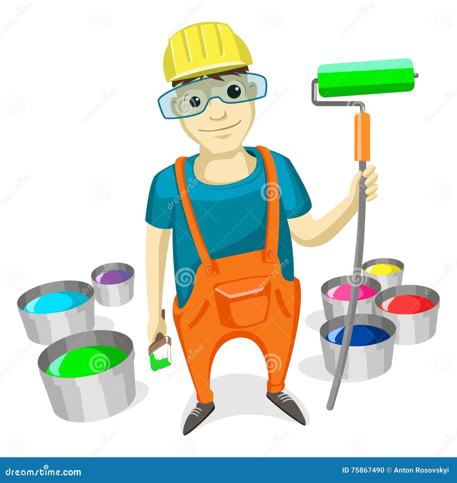 Professional Painter with Paint Brush, Roller Stock Vector