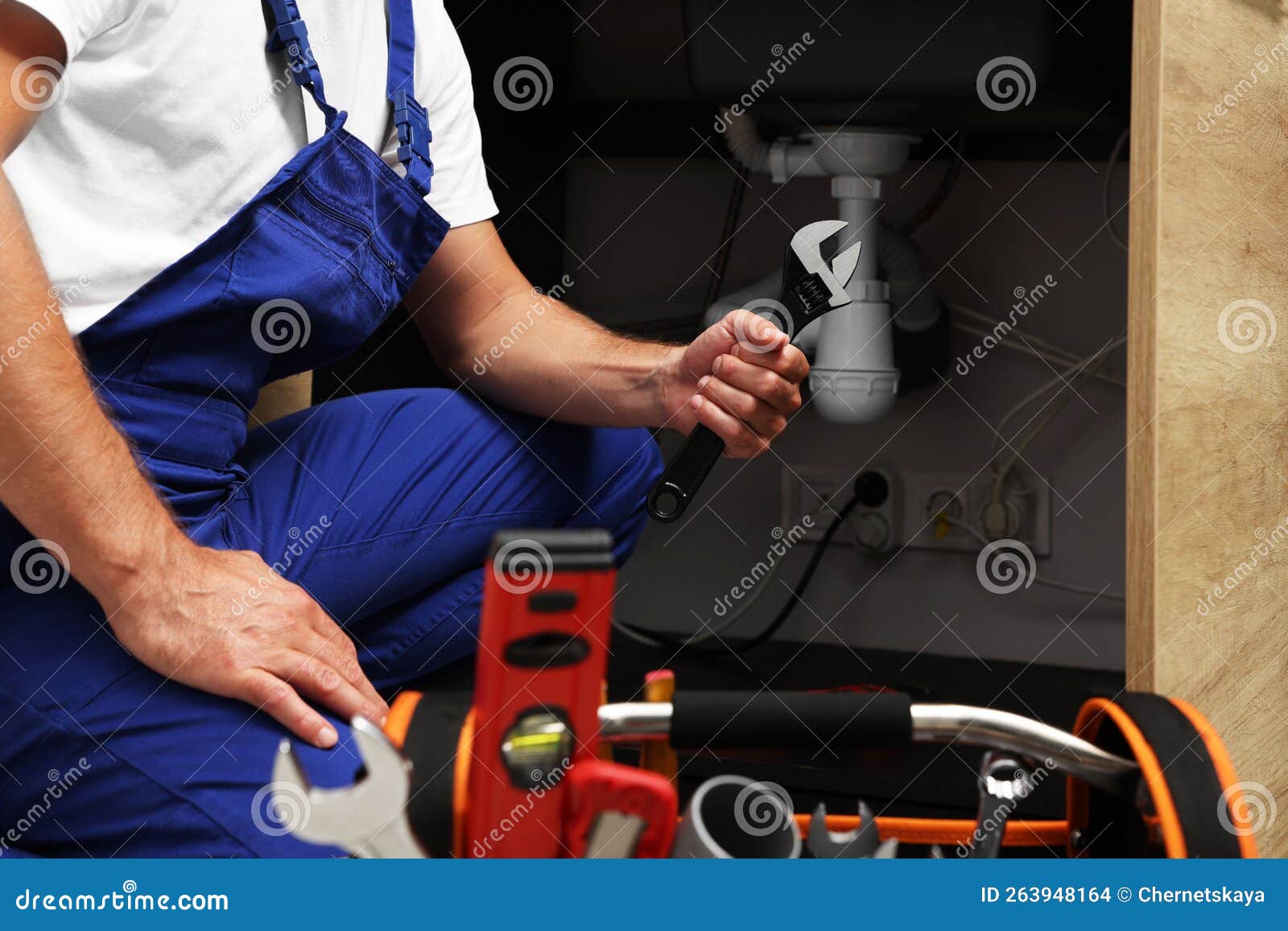 Professional Plumber with Adjustable Wrench Under Kitchen Sink, Closeup