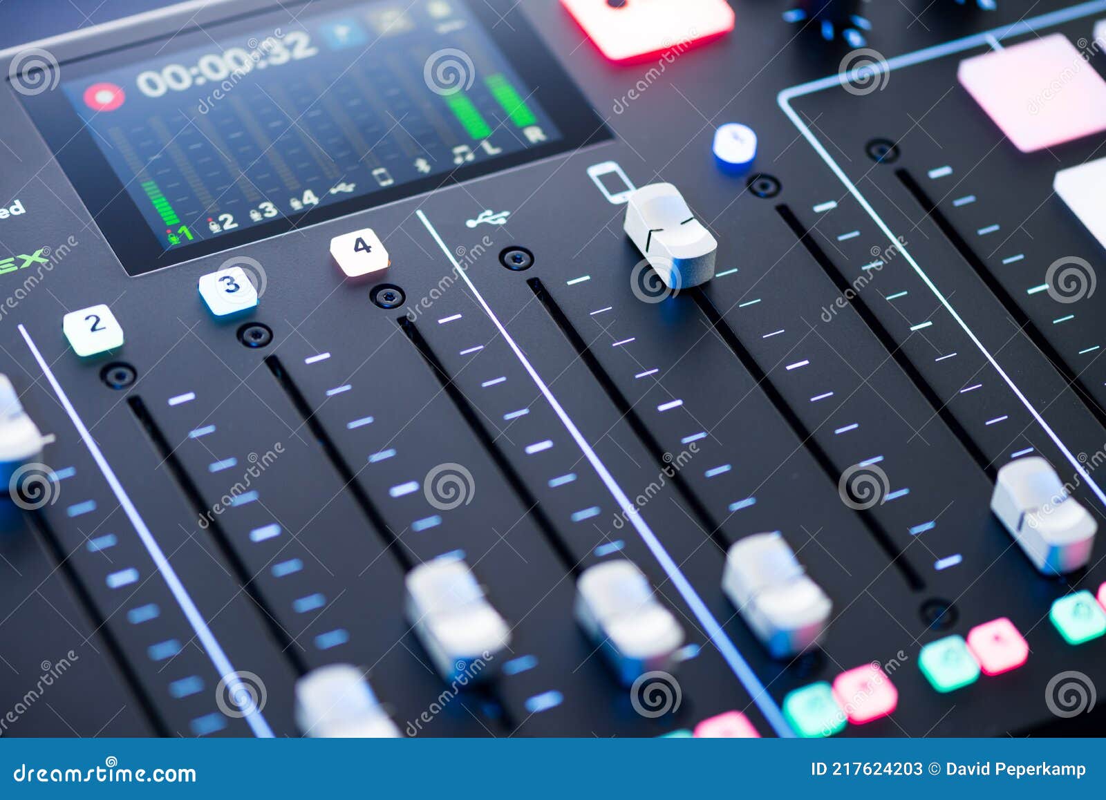 Professional Podcast Mixing Console with Faders and Adjusting Buttons