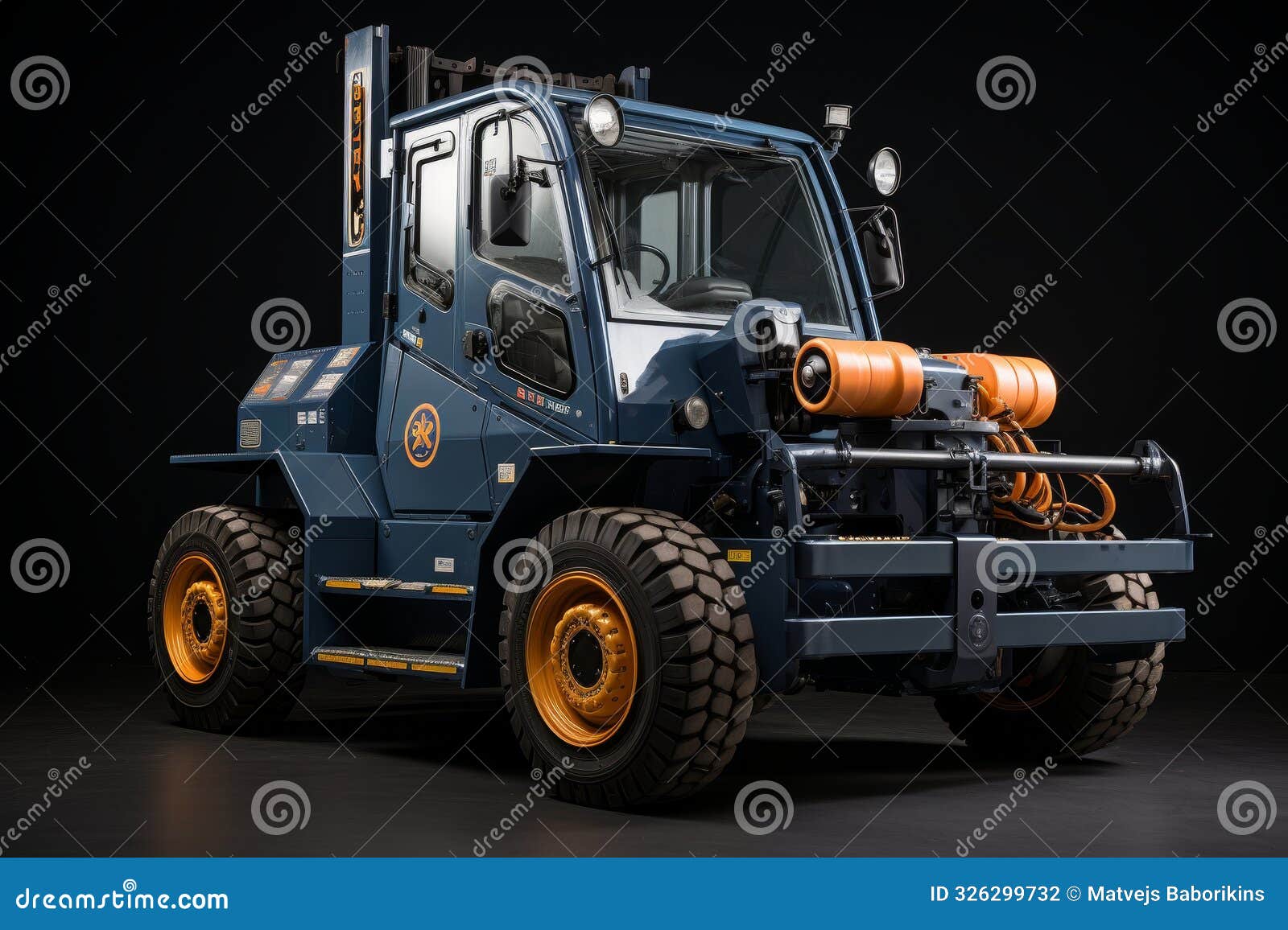 professional product advertisement featuring forklift displayed on a dark blue grey background