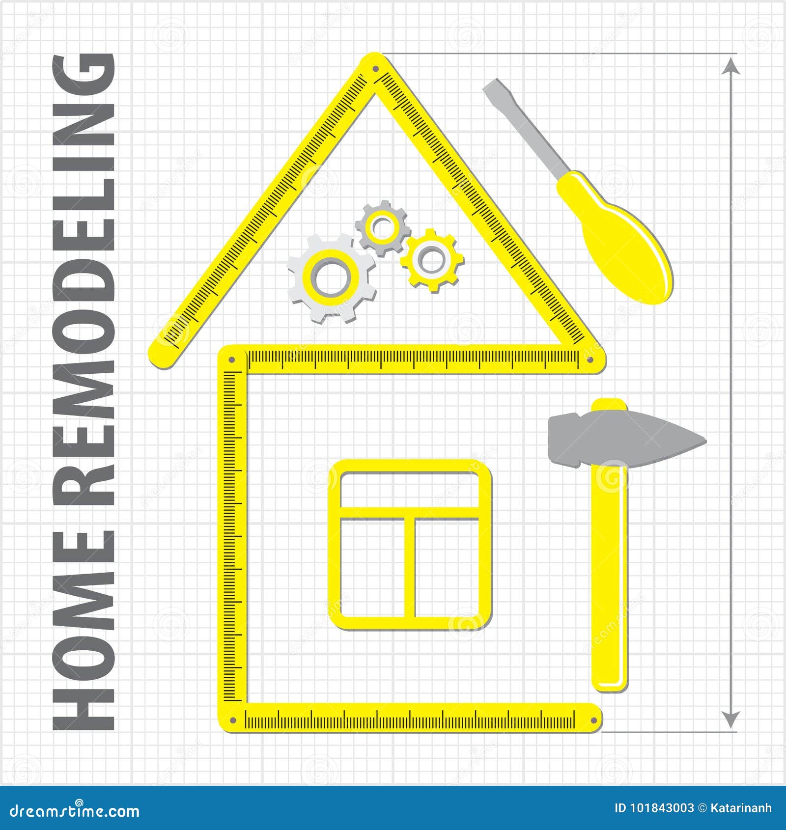 professional remodeling home. silhouette of a house from a yellow building ruler. set of repair tools on a sheet in a cage.