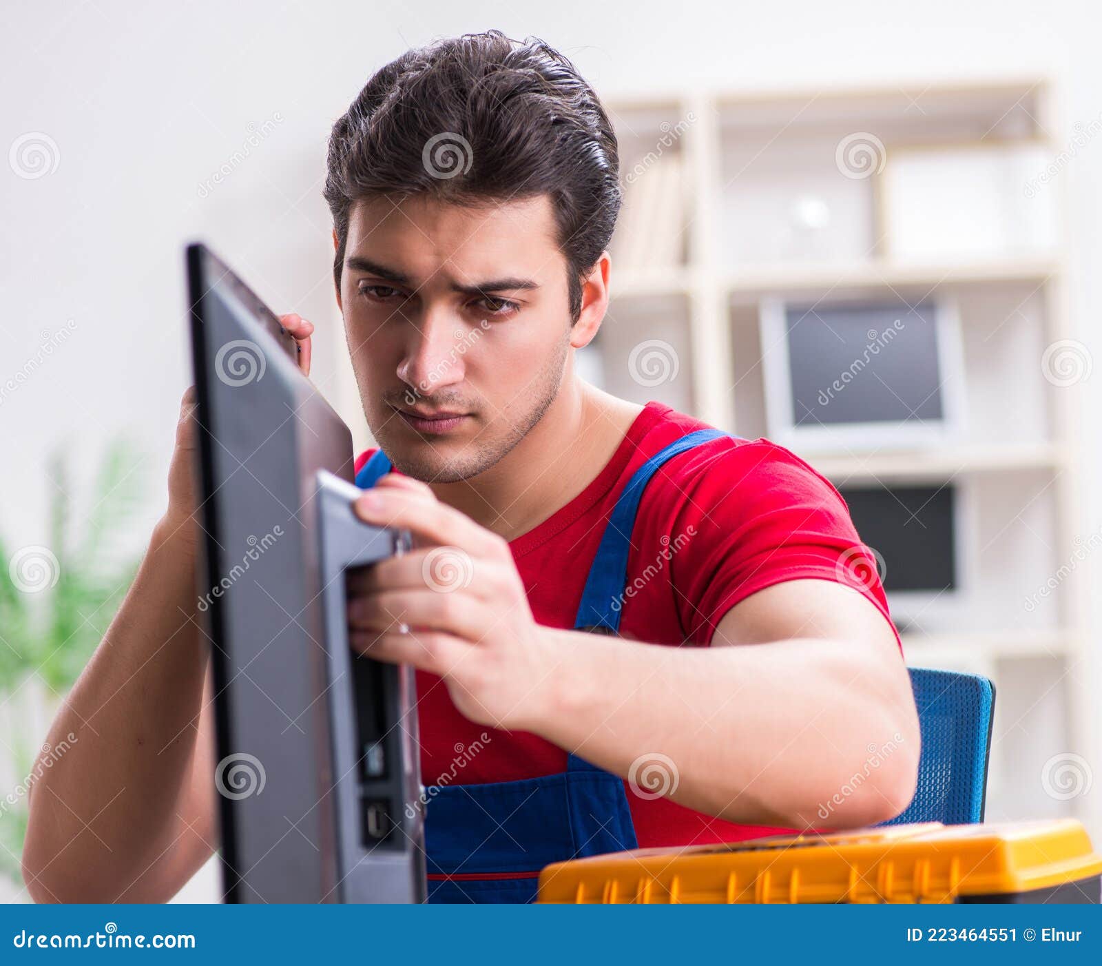 Professional Repair Engineer Repairing Broken Tv Stock Image Image of
