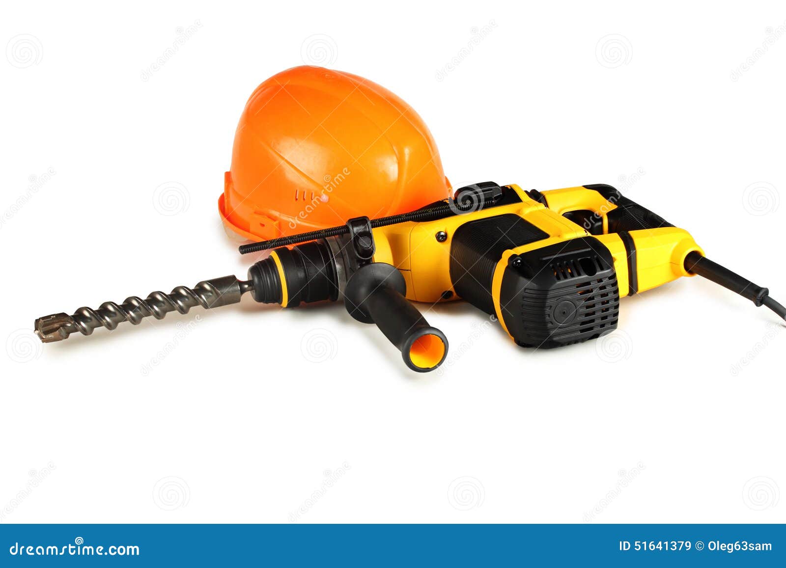 Professional Rotary Hammer Drill and a Construction Helmet Stock Image