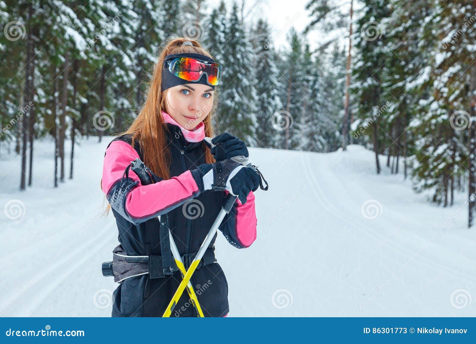 Professional Skier Girl White Skin Dress Ski Gloves Stock Image