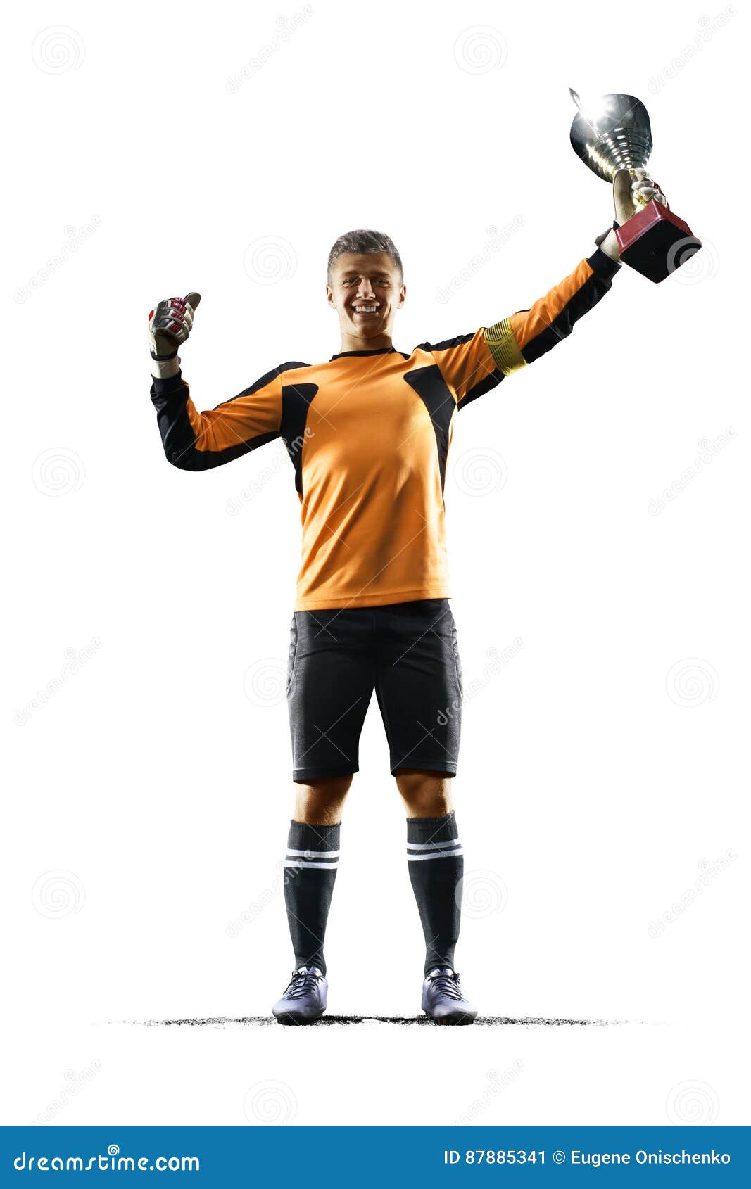 Professional Soccer Player with Cup Celebrating on White Background