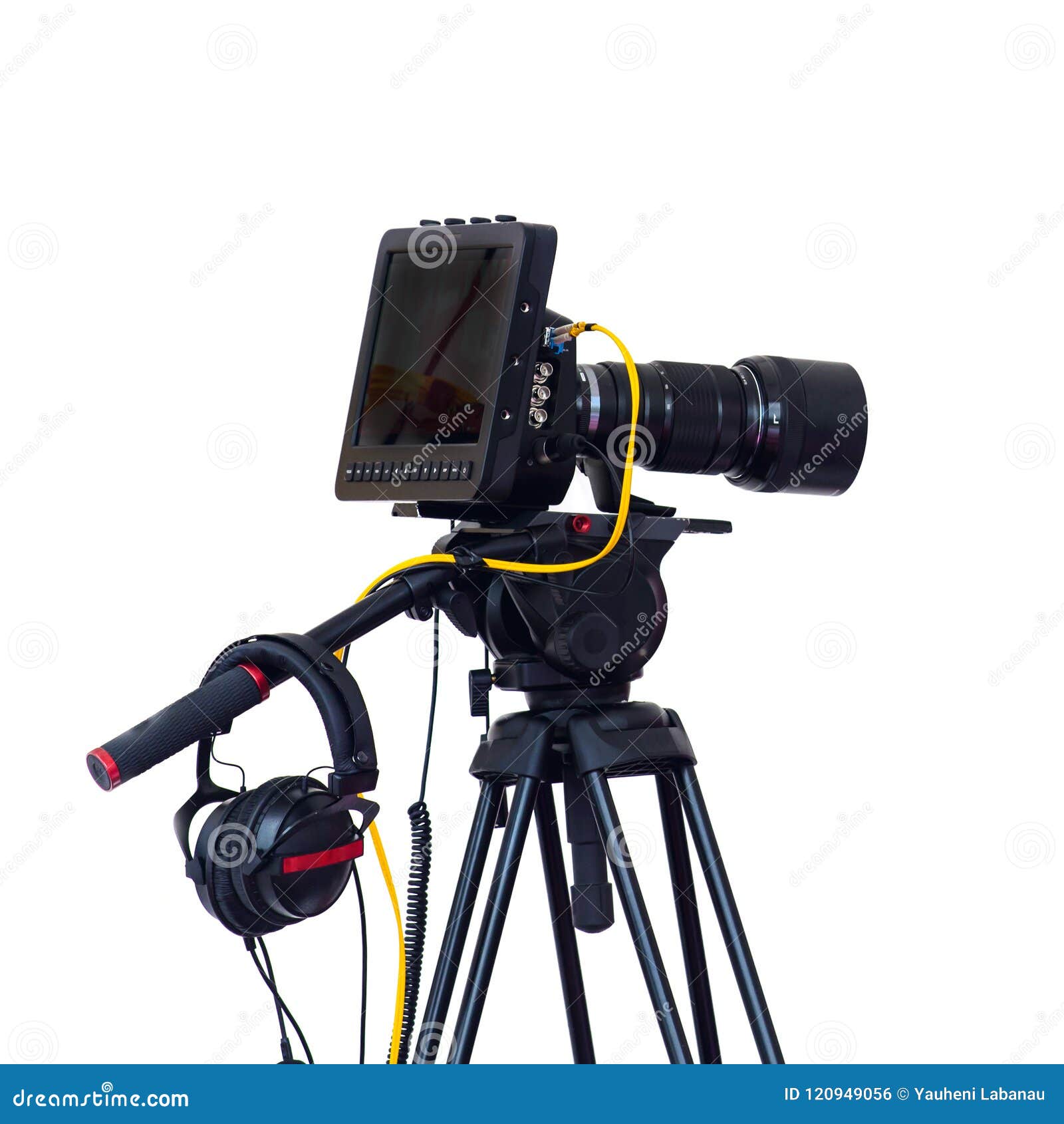 Professional Studio Video Camera Ion the Tripod Solated on White Stock