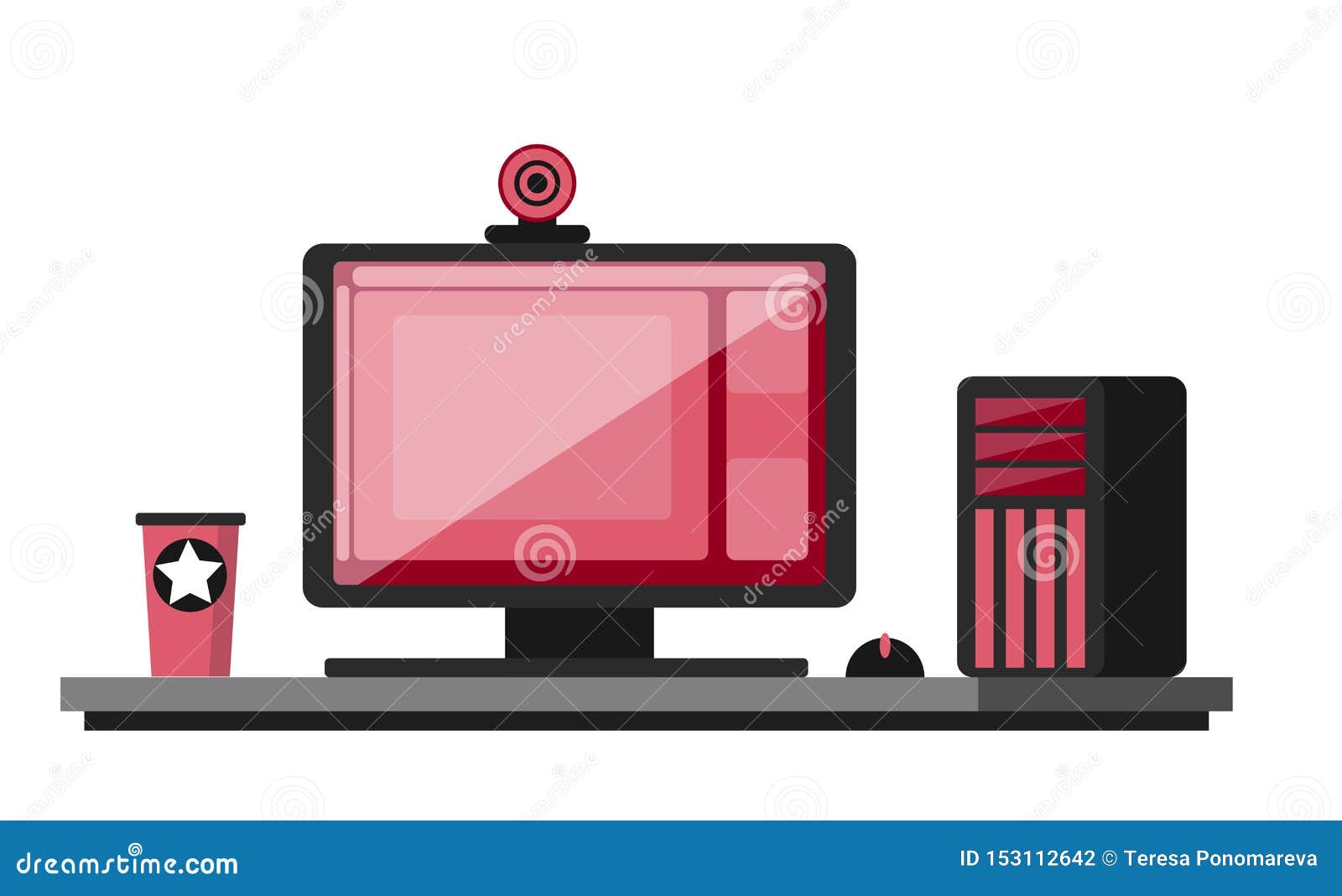 Professional Stylish Gaming Equipment Desktop Pc Monitor On The Table Webcam Livestreaming And Esports Clipart Flat Stock Vector Illustration Of Interior Isolated