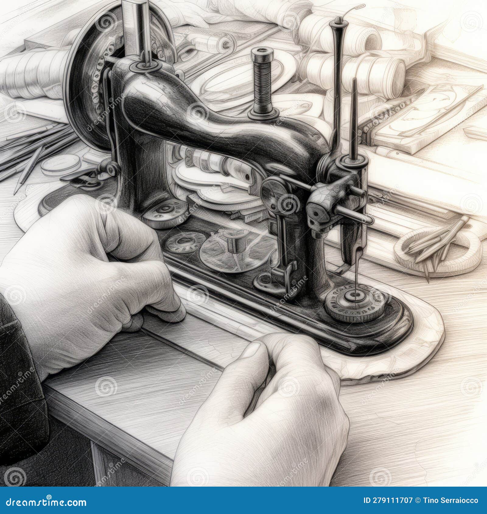 Professional Tailor Working at an Old-fashioned Sewing Machine, Pencil