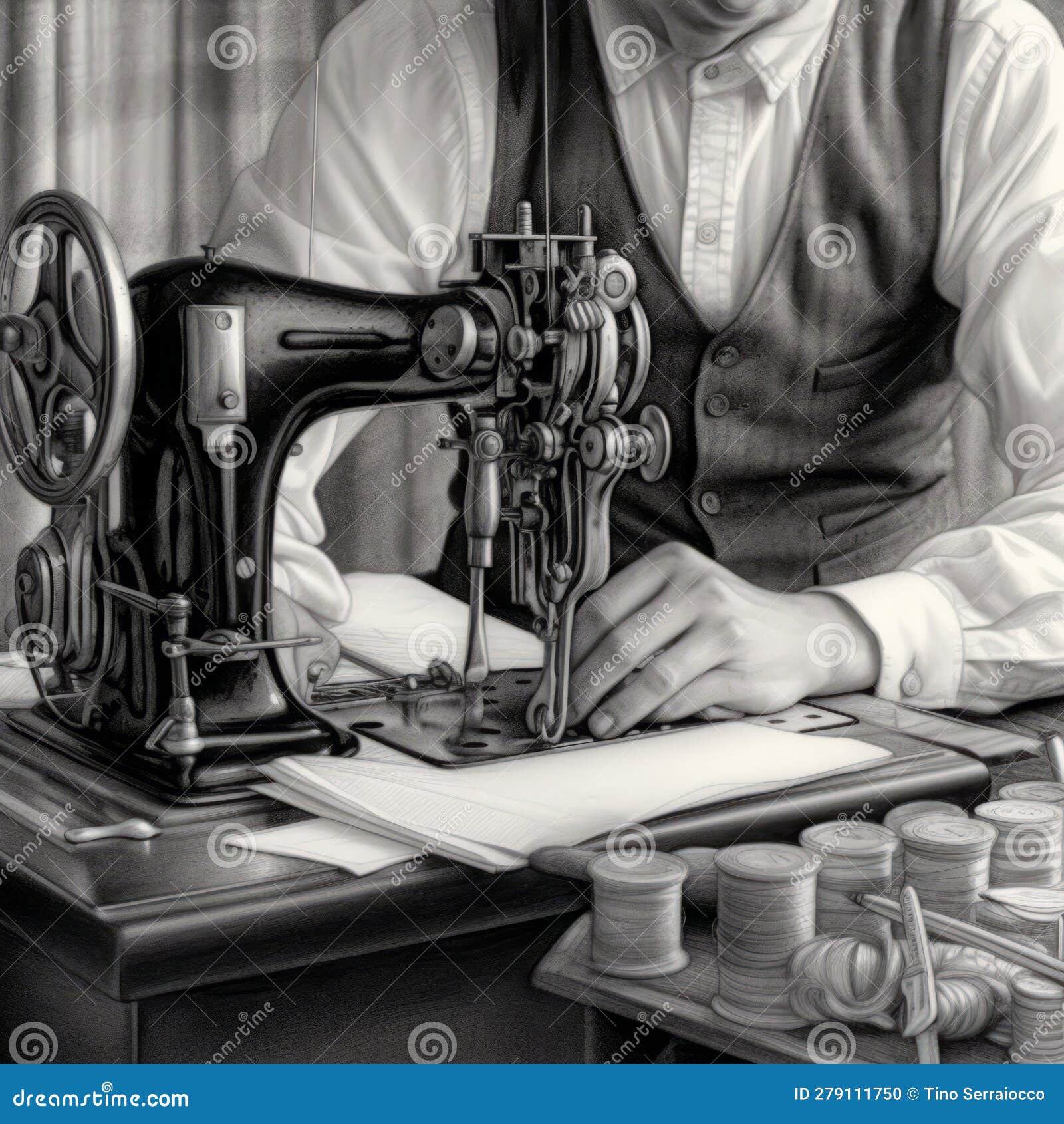 Professional Tailor Working at an Old-fashioned Sewing Machine, Pencil