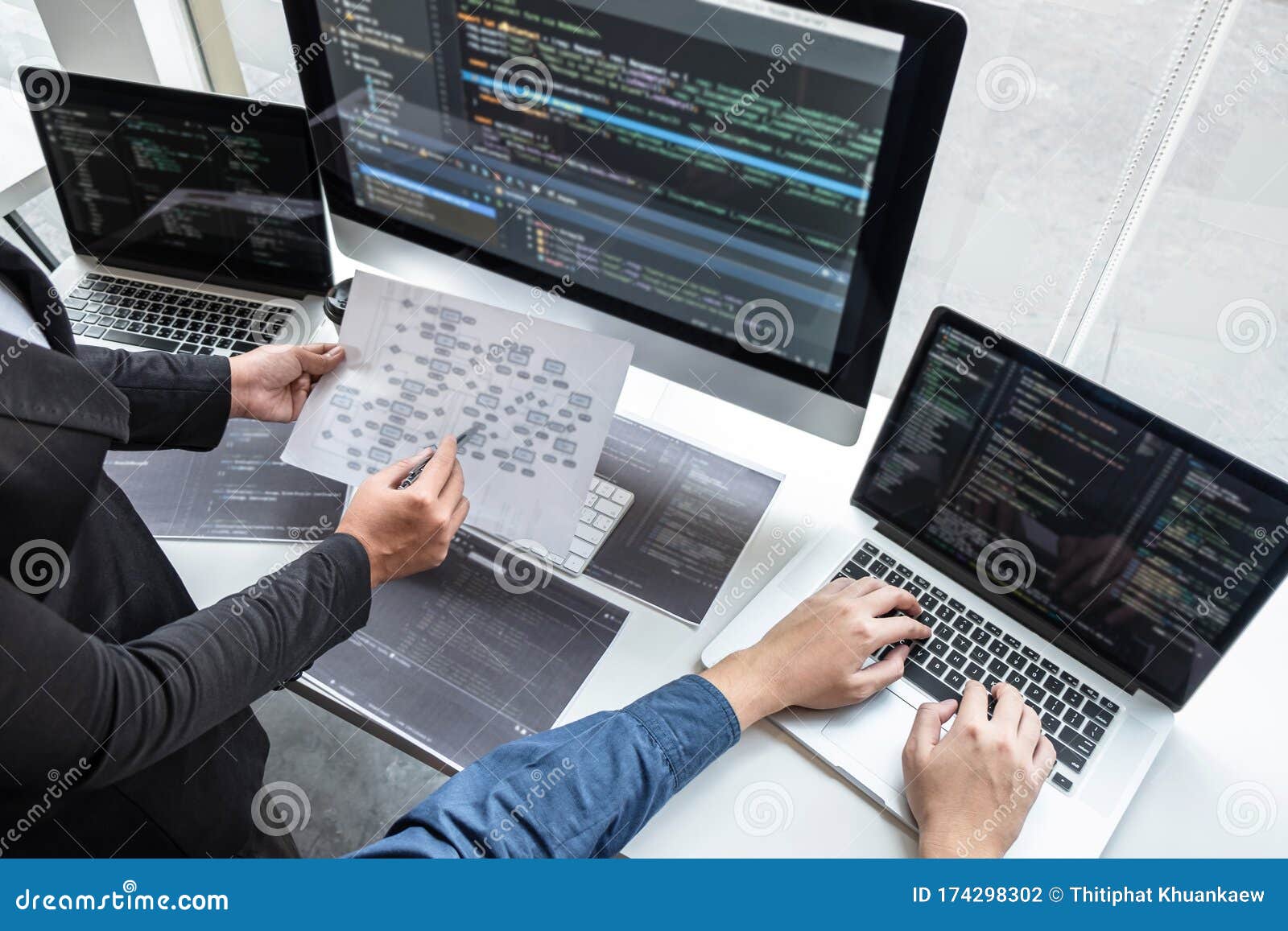 professional team of programmer working on project in software development computer in it company office, writing codes and data