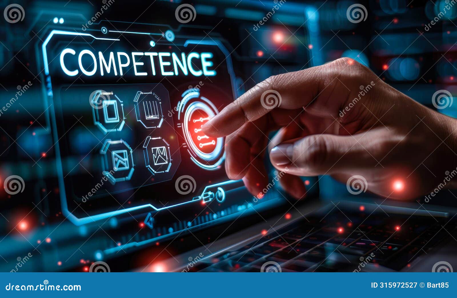 professional is using a laptop to access and enhance core competencies ized by icons representing skills abilities and