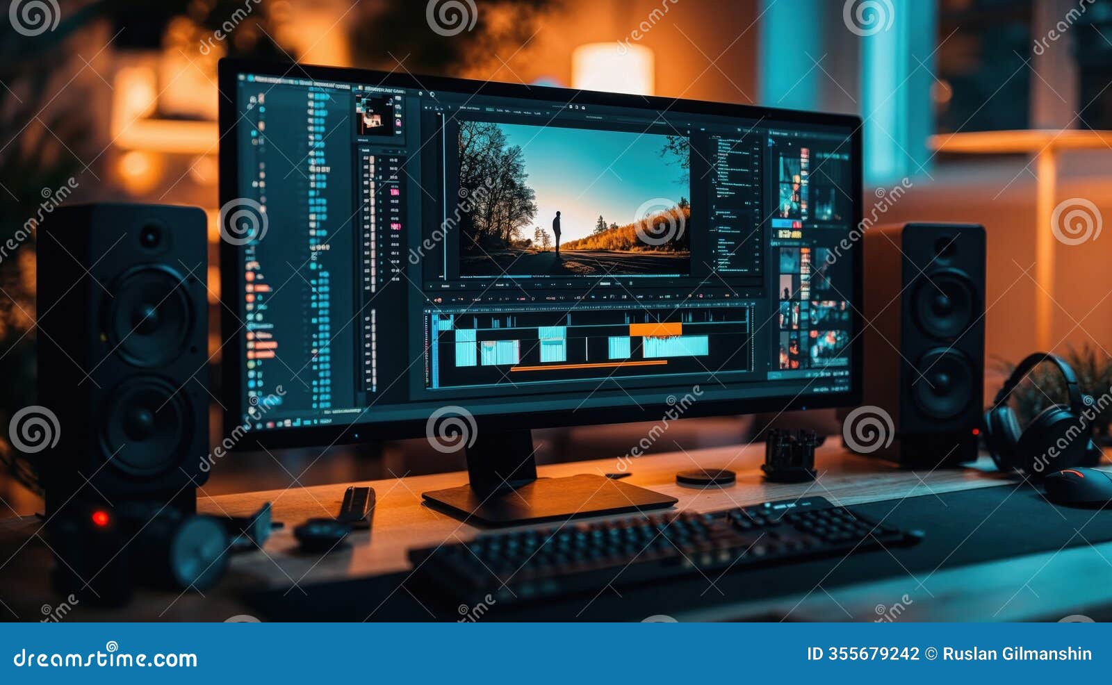 professional video editing workspace with ultrawide monitor displaying timeline interface, studio monitors, and moody