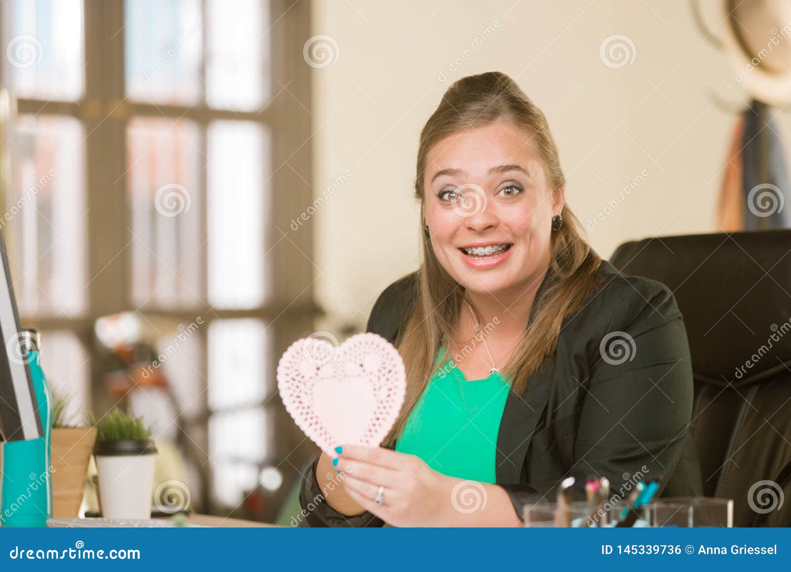 professional woman reacting positively to valentine