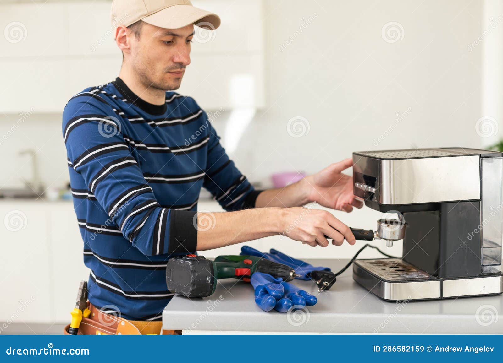 Professional Young Worker Fixing Coffee Machine Stock Image Image of