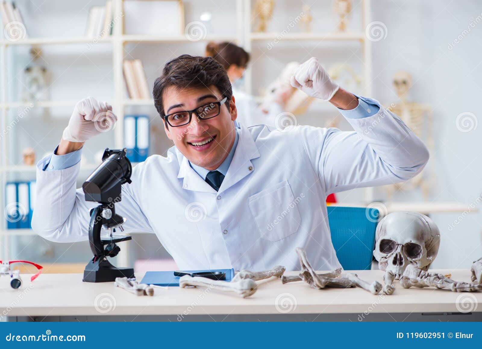 The Professor Studying Human Skeleton in Lab Stock Image Image of