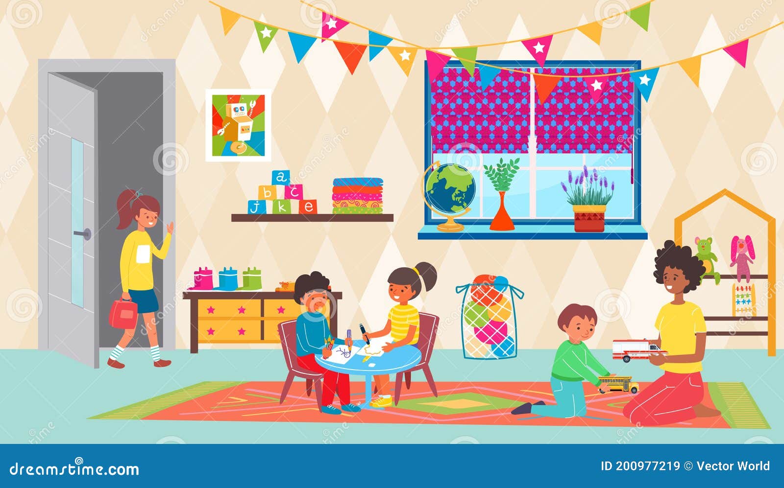Montessori School Class. Ilustrações Vetoriais De Crianças Na Sala