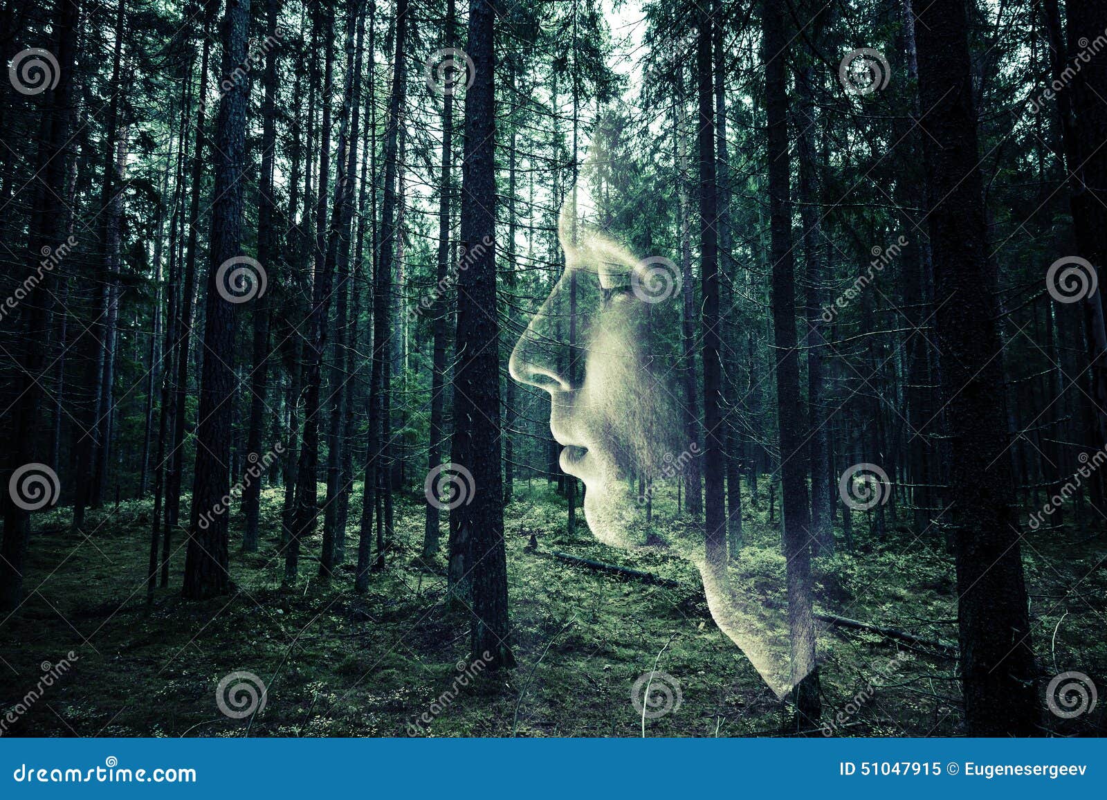 Profil Masculin De Visage Au Dessus De Fond Vert Fonce De Foret