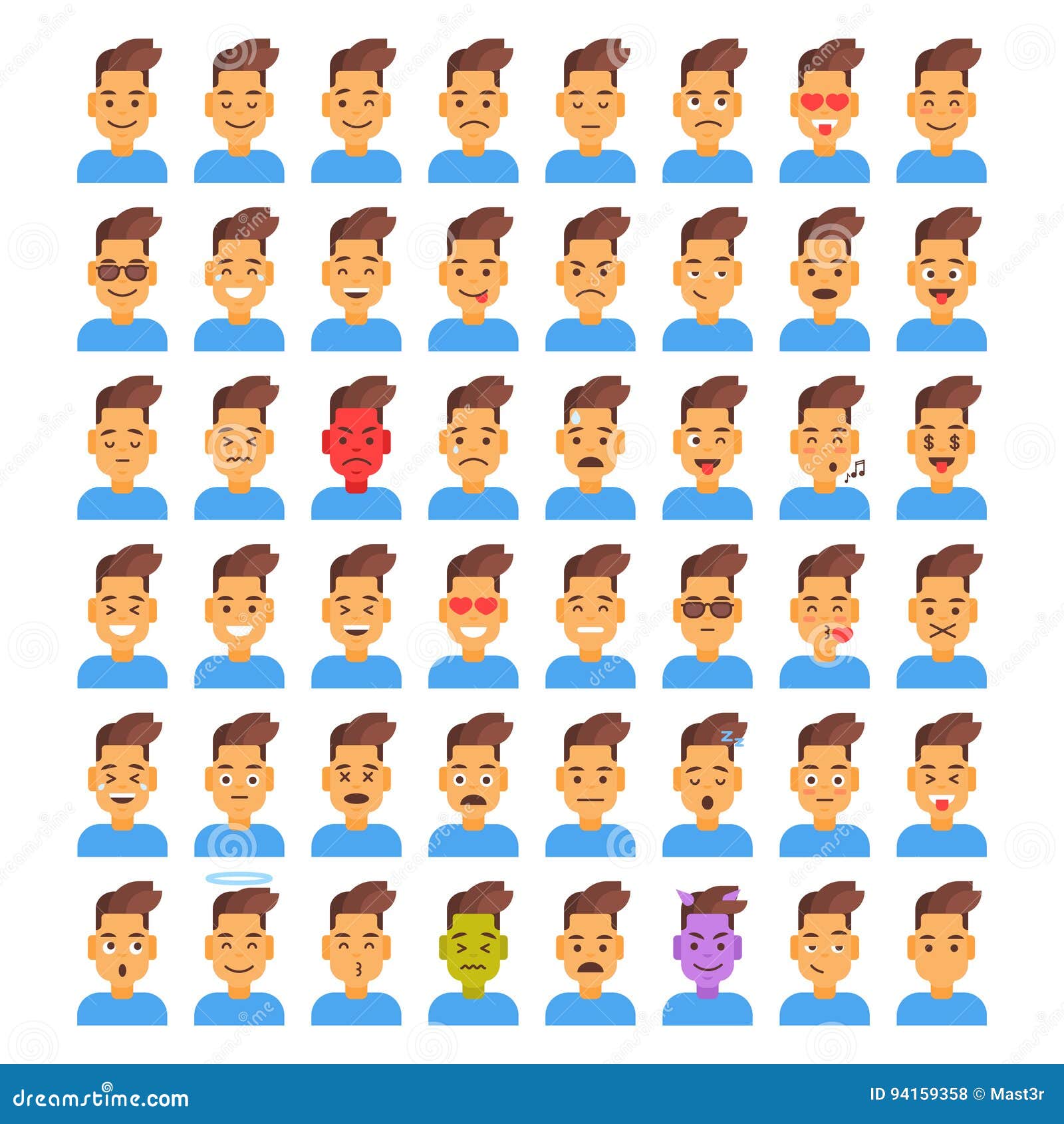 profile icon male different emotion set avatar, man cartoon portrait face collection