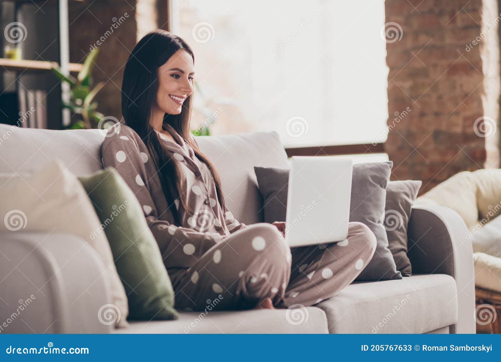 profile photo of nice optimistic girl sit write laptop wear pijama at home
