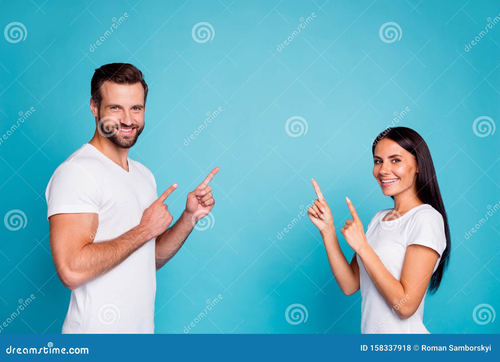 Profile photo of salesperson pair advising buy new product wear casual outfit, isolated blue background