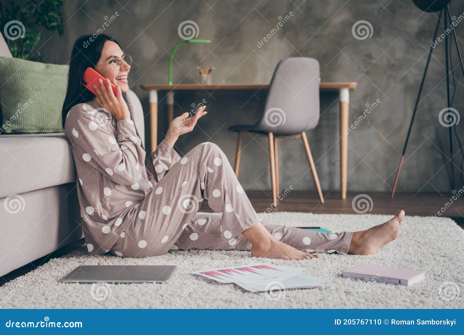 profile photo of sweet optimistic girl sit talk telephone wear spectacles pijama at home