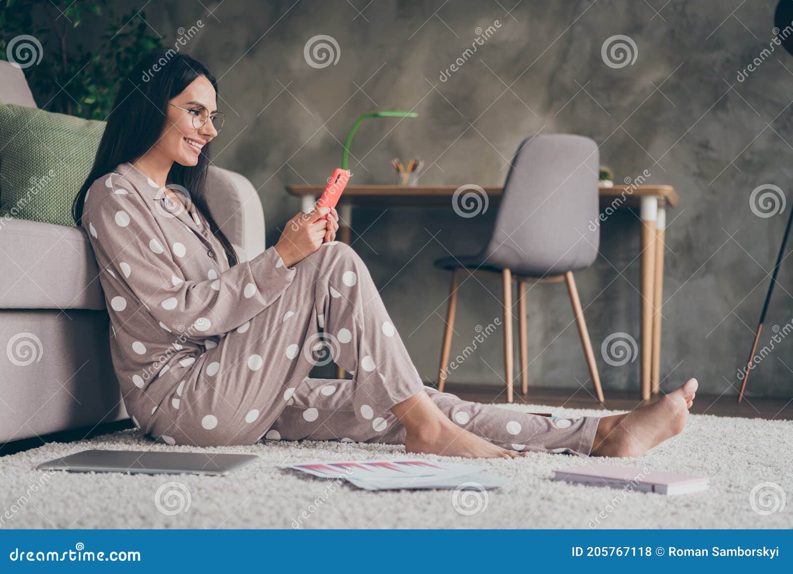profile photo of sweet optimistic girl sit write telephone wear spectacles pijama at home