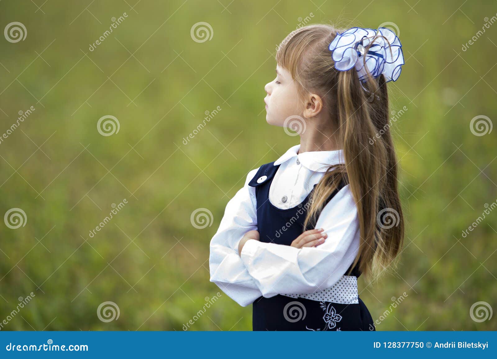 Profile Portrait of Cute Adorable First Grader Girl in School Un ...