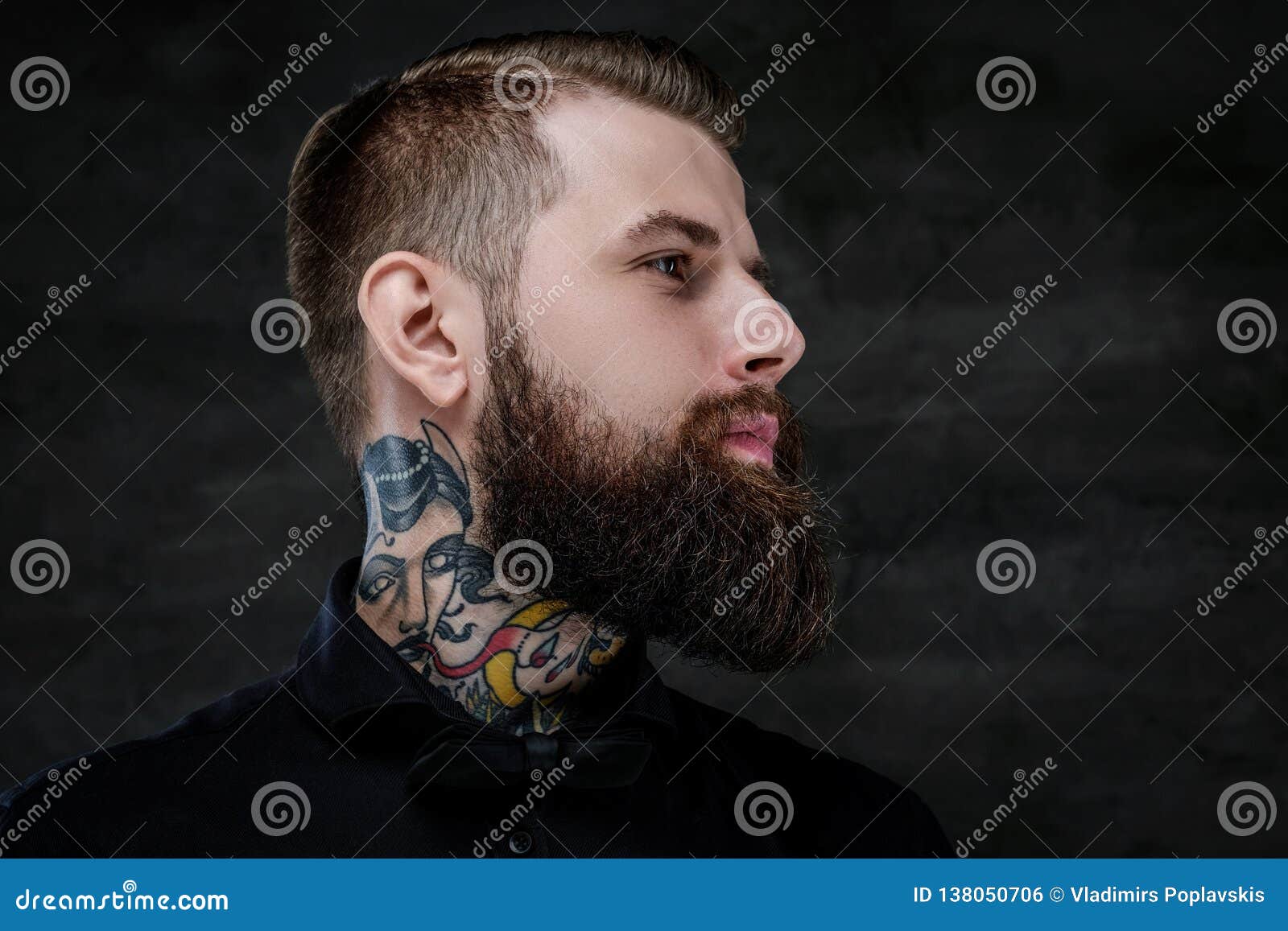 Profile Portrait of an Expressive Bearded Man with Tattoos on His Neck, on  a Dark Background. Stock Photo - Image of face, facial: 138050706