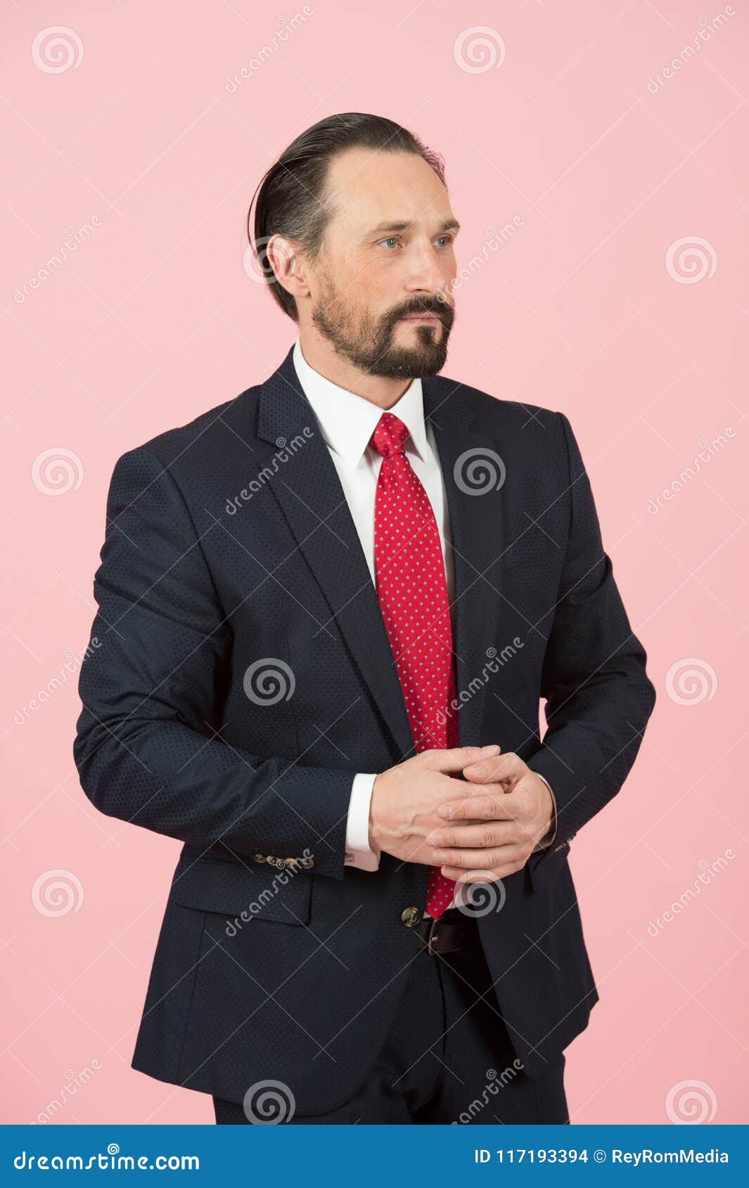 Profile of Manager with Red Tie and Black Suit Isolated in Studio Over Pink Background  Stock Photo - Image of hairdresser, caucasian: 117193394