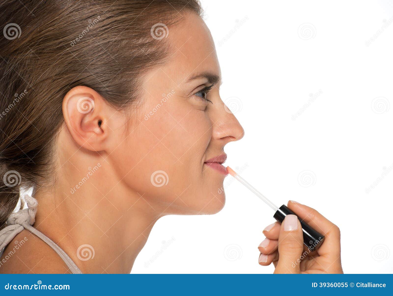 Profile Portrait of Woman Applying Lip Gloss Stock Image Image of