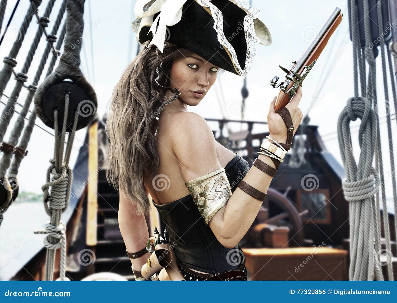 Pirate Female Posing With A Cutlass Sword And Pistol On A Gradient Background Royalty Free