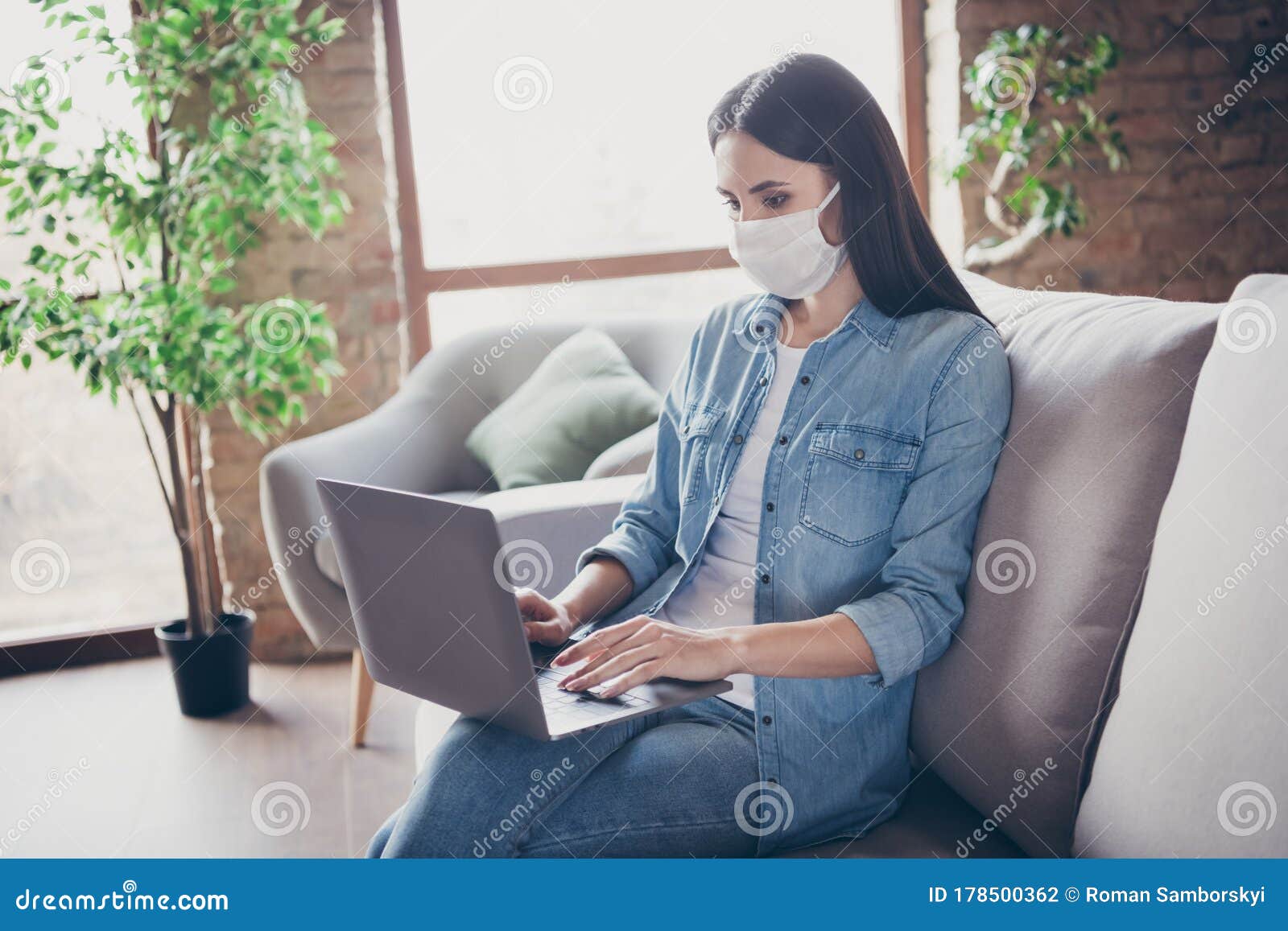 profile side photo of focused girl manager corona virus infection patient quarantine work home use laptop read document
