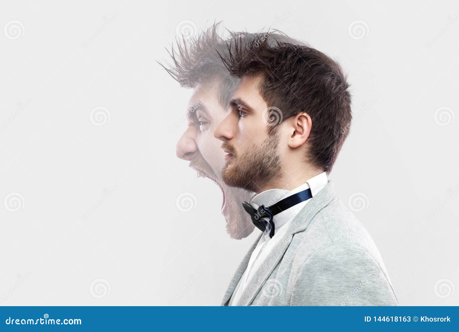 profile side view portrait of two faced young man in calm serious and angry screaming expression. different emotion inside and