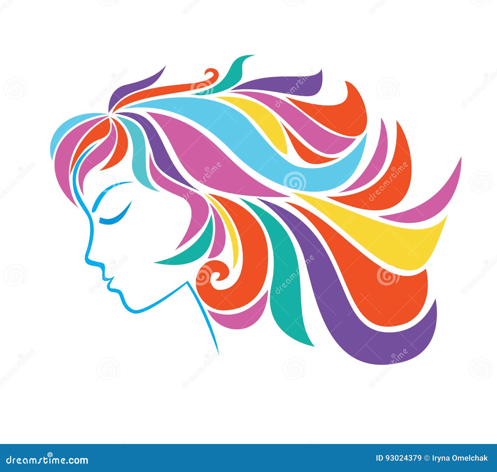 Profile of Young Girl with Colorful Hair Isolated on a White Background ...