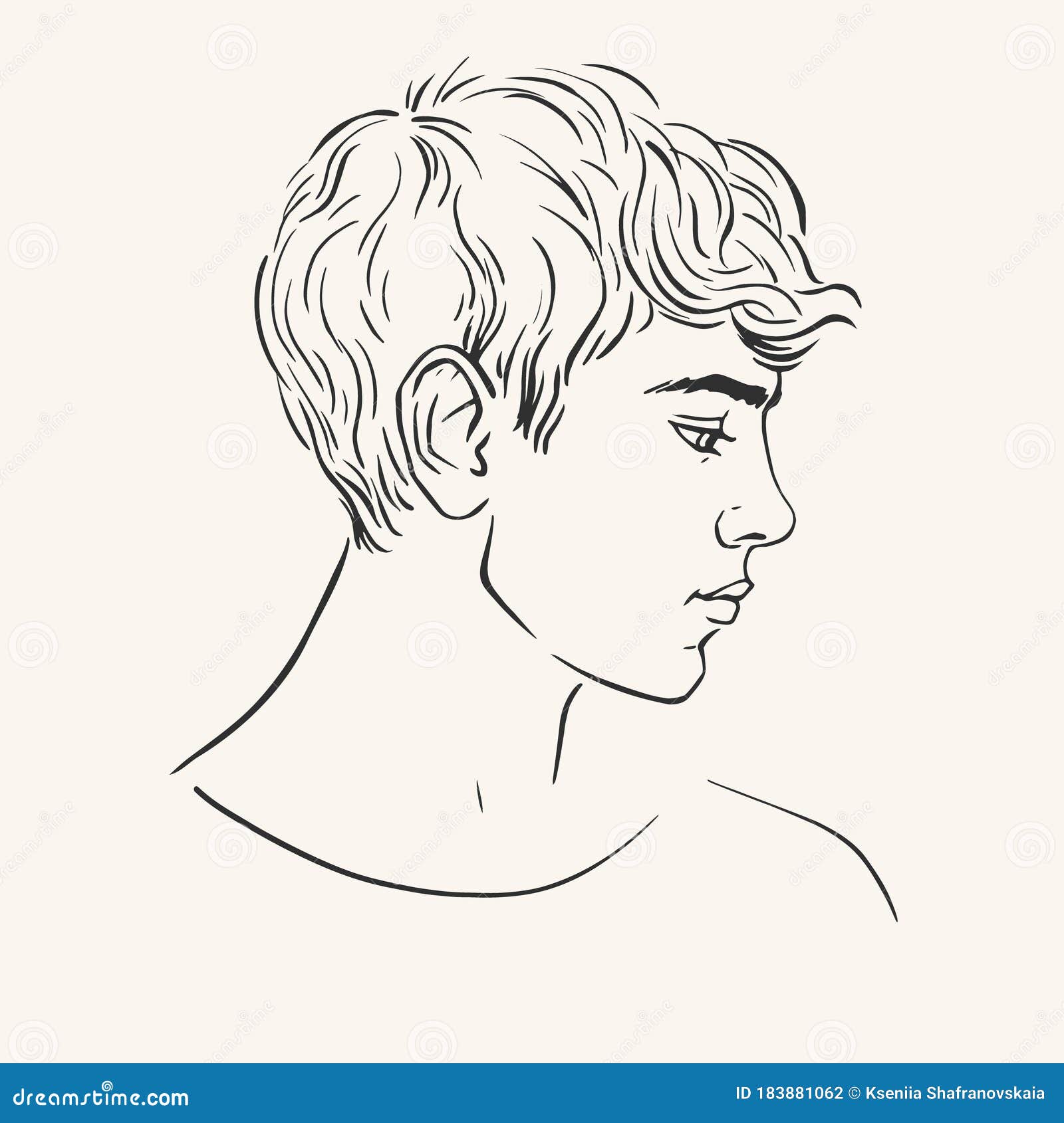Profile of Young Man with Short Curly Hair, Hand Drawn Vector Illustration  Stock Vector - Illustration of glamour, healthy: 183881062