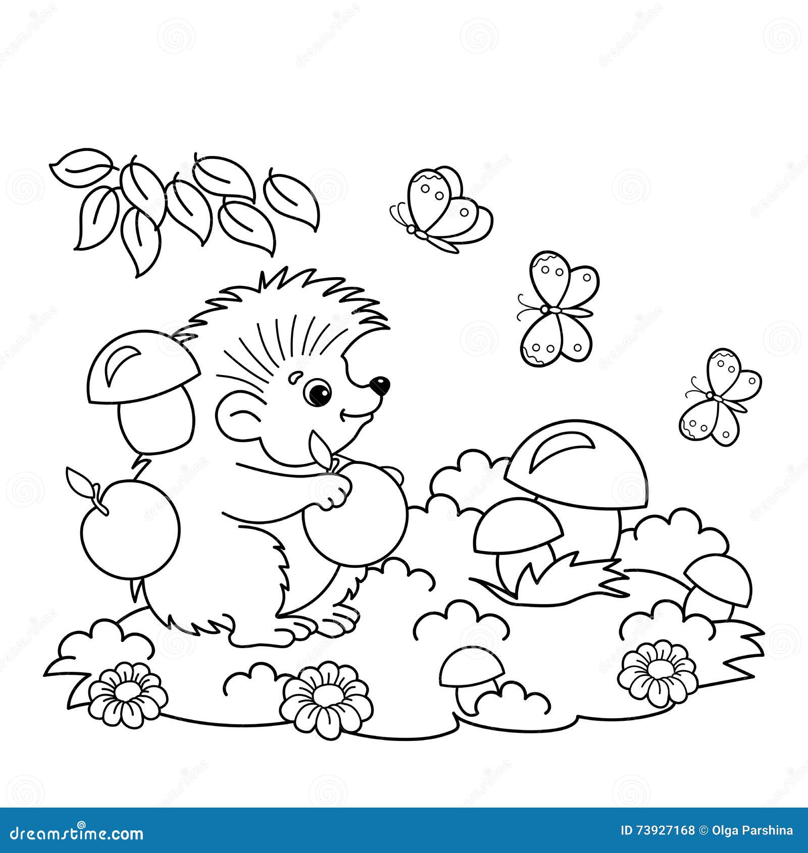 Profilo della pagina di coloritura dell istrice del fumetto con le mele ed i funghi nel prato con le farfalle Libro da colorare p