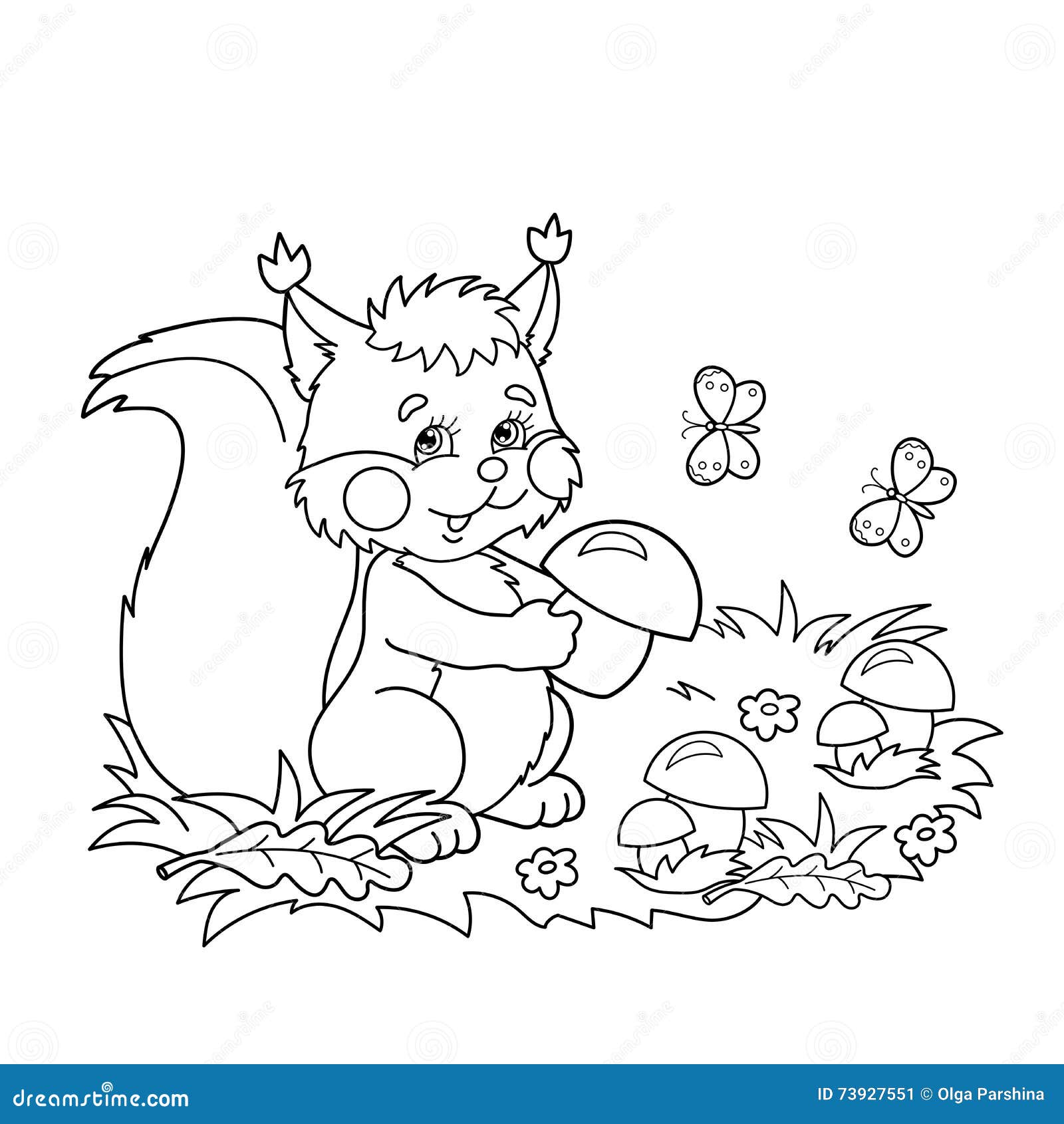 Profilo della pagina di coloritura dello scoiattolo del fumetto con i funghi nel prato con le farfalle Libro da colorare per i ba Animale fiori